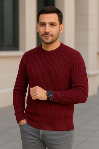 Efnaz Style Erkek Bisiklet Yuvarlak Yaka Triko Kazak Pamuklu Kalın Fitilli Dokuma, Regular Fit Uzun Kollu Kışlık Model - Bordo