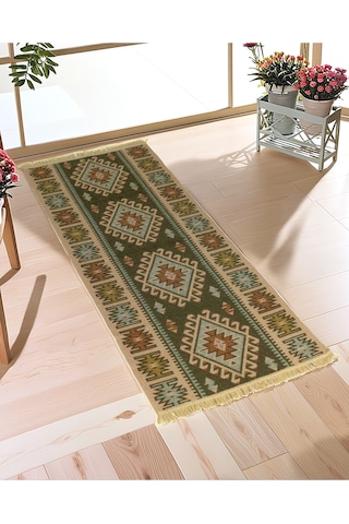 "çift Taraflı Kullanılabilir, Makinede Yıkanabilir, Modern Desenli Kilim 11 Farklı Ebat" Yeşil Yeşil