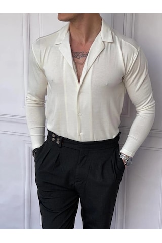 Modefendi Slim Fit %100 Pamuk Triko Kumaş Gömlek Beyaz