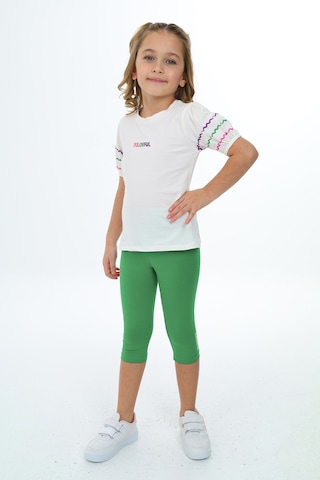 Toontoy Kids Toontoy Kız Çocuk 2'li Takım Baskılı Bisiklet Yaka Prenses Kol T-shirt & Beli Lastikli Crop Tayt Ekru