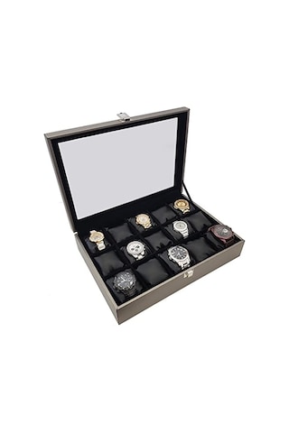15 Li Diamond Gri Deri Ahşap Camlı Saat Kutusu St15-59