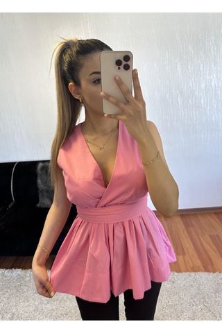 Jenerik Eteği Valonlu Beli Kuşaklı Kruvaze Poplin Bluz Pembe
