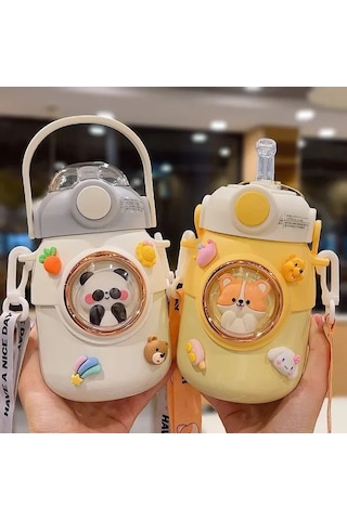 Elmpaly Çocuklar Termos Şişe Kawaii 700ml Paslanmaz Brown & Stickers Çok Renkli