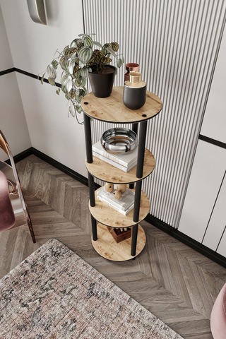 4 Katlı Dekoratif Yuvarlak Kitaplık Meşe Meşe