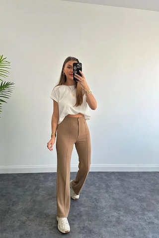 Winmoda34 Kadın Ultra Yüksek Bel Önü Dikişli Palazzo Pantolon Camel