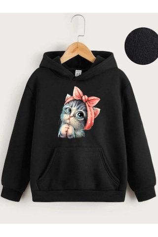 Moda Assema Çocuk Unisex Kapüşonlu Tatlı Kedi Baskılı Sweatshirt - Siyah Çok Renkli