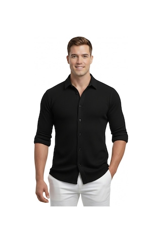 Deepsea Siyah Slim Fit Örme Kumaş Likralı Erkek Gömlek Nefes Alan Esnek Ve Modern Tasarım 2602604 Siyah