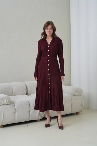 Kadın V Yaka Ful Düğme Kapama Kemer Detay Maksi Boy Fitilli Triko Elbise Mürdüm