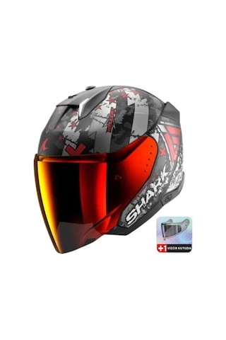 Şeffaf Vizör Gri + Shark Skwal İ3 Jet Hellcat Kırmızı Vizörlü Yarım Kask