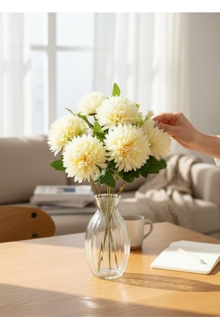 Yapay Çiçek Krizantem Krem Renk Kartopu Büyük Boy 7 Toplu 40cm Krem