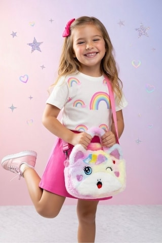 Mollycrush Kız Çocuk Renkli Peluş Çanta Unicorn Tasarımlı Ayarlanabilir Askılı Omuz Ve El Çantası Beyaz