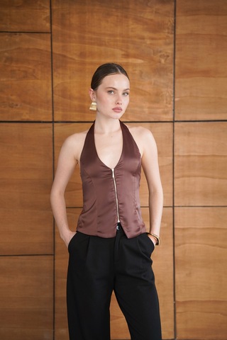 Verymoda Fermuarlı Saten Yelek Vmd2952 Kahve