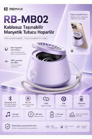 Remax Magsafe Magnetik 2'si 1 Aradatelefon Tutucu Şarjlı Mini Bluetooth Hoparlör 5w Rb-mb02 Mor
