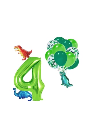 4 Yaş Dinazor Set Rakam Folyo, 3 Adet Mini Dinazor Ve 10 Lu Balon