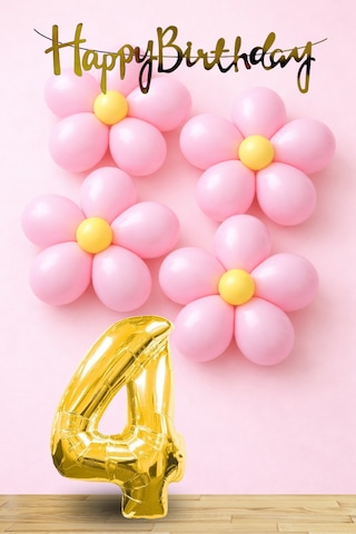 4 Yaş Pembe Sarı Papatya Temalı Gold Rakam Gold Happy Birthday Banner Doğum Günü Süsleme Altın - Pembe