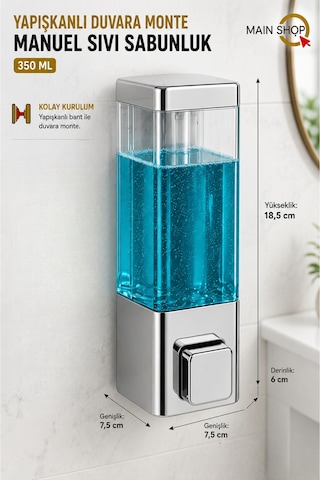 Mainshop 1 Adet Yapışkanlı Duvara Monte Banyo Ve Mutfak Manuel Sıvı Sabunluk 350 Ml Doldurulabilir M-53 Gri