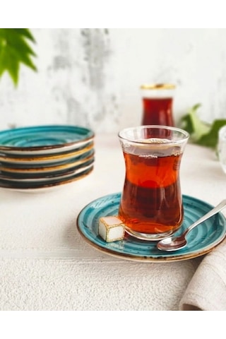 Madam İzmir Winter 6'lı Siyah Çay Tabağı - Modern Spiral Desenli Şık Sunum Tabağı Turkuaz