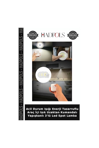 Acil Durum Işığı Enerji Tasarruflu Araç İçi Işık Uzaktan Kumandalı Yapışkanlı 3'lü Led Spot Lamba Diğer