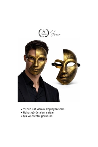 Maske Metalik Gold Yarım Yüz Parti Maskesi Antik Efektli Eskitme Maskeli Balo Kostüm Aksesuarı