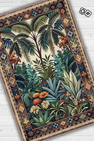 Homshtag Art Deco Tropikal Orman Vintage Halı Görünümlü Dijital Baskı Yeşil Renk Rustik Çiçekli Halı Çok Renkli