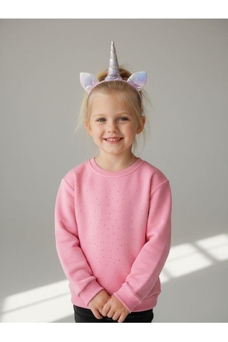 Kız Çocuk Pamuklu Taşlı Sweatshirt-16747 Pembe