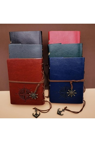 Senon Retro Vintage Pusula Baskılı Çapa Ve Dümen Kolye Uçlu Deri Kapaklı Günlük Not Defteri Denizci Defter Özel Genel