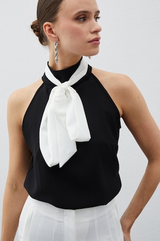 Sateen Kontrast Fularlı Kolsuz Bluz - Siyah