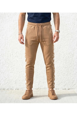 Plus Scorpion Erkek Slim Fit Eşofman Altı Yazılı Şerit Detaylı, Dar Paça Jogger Pantolon Taba