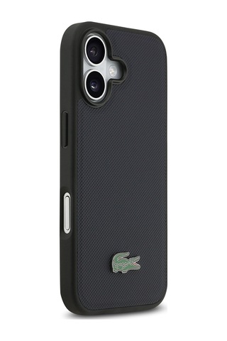 Apple Uyumlu iPhone 17 Kılıf Lacoste Lisanslı M-safe Özellikli Pu Pike Desenli Metal Logolu Kartlıklı Kapak Siyah Siyah