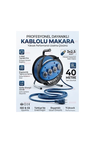 Seyyar Kablo Makarası 3x2.5 Mm 40 Metre 4'lü Topraklı Priz Uzatma Kablosu 40 M