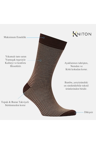 Dikişsiz Bambu Çorap Düz Kahverengi Çizgi Detaylı Çember Desenli Erkek Çorap Kutulu 5 Çift Premium Uzun Çorap Soket Çorap Bambu Mix