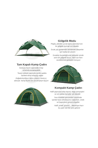 Yekoutdoor 4 Kişilik Çift Katmanlı Otomatik Çadır 220x250x160 Haki