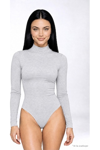 Cottonhıll Premium - Drape Collection Gri Melanj Viskon Balıkçı Yaka Uzun Kollu Çıtçıtlı Kadın Bodysuit