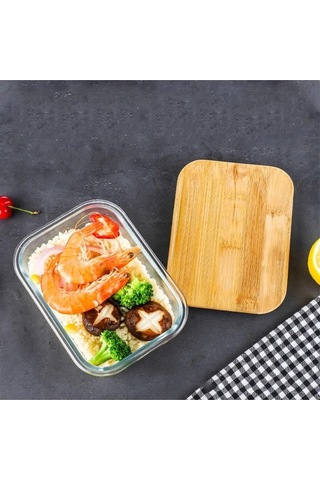 Morponi Bambu Kapaklı 2'li Diktörtgen Vakumlu Kase Cam Saklama Kabı 1500 Ml Şeffaf