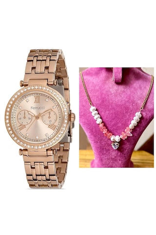 Ferrucci Fcf82640 Çelik Jübile Kordon Tasarım Kadın Kol Saati+çelik Kolye Hediye Rose Gold