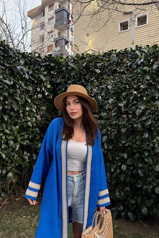 Kadın Saks Müslin Kumaş, Hasır Şerit Detaylı Salaş Kimono Ceket Saks