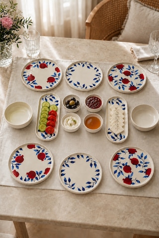 Nar 14 Parça 6 Kişilik Stackable Seramik Kahvaltı Takımı Nar Desenli Lüks Kahvaltılık Sunum Seti Beyaz