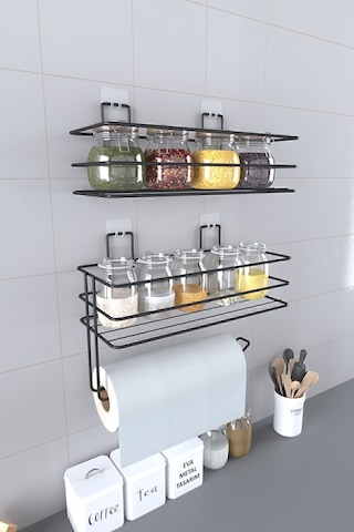 Eva Metal Tasarim Yapışkanlı Baharatlık 2 Li Metal Kağıt Havluluk Siyah Baharat Standı Mutfak Rafı Siyah