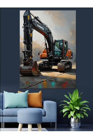 Ahşap Tablo Şantiyede Çalışan Modern Sarı Ekskavatör