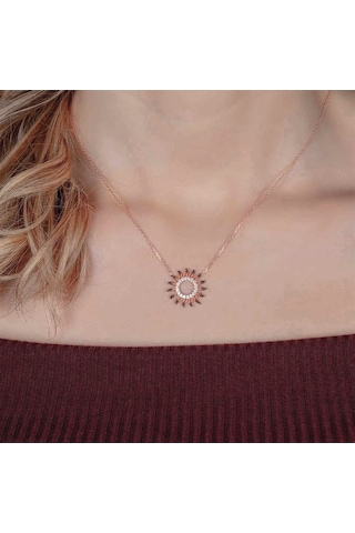 Afrodit Silver Roze Rengi Mix Taşlı Hayat Ağacı Kadın Gümüş Kolye Gold - Rose Gold - Gümüş