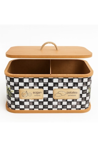 Dekorasyaa 2 Bölmeli Patates Soğanlık - Bambu - Dikdörtgen Dama Desen Beyaz - Siyah