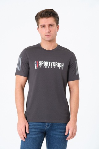 Erkek Bisiklet Yaka Basic Baskılı T-şhirt Gri