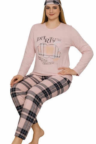 Abarta Kadın Pamuklu Desenli Uzun Kol Pijama Takımı Göz Bandı Hediyeli Somon