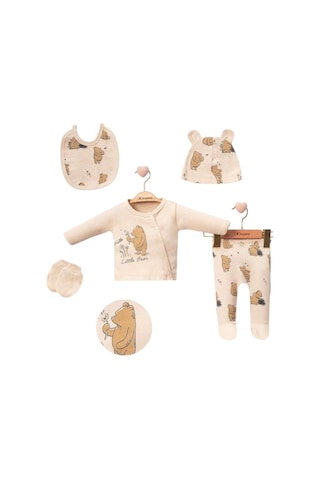Minicayzen Little Bear Baskılı 5'li Bebek Hastane Çıkışı Yenidoğan Zıbın Seti Sütlü Kahve Sütlü Kahve