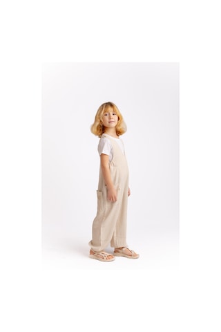 Oliven The Kid Unisex V Yaka Paça Lastikli Keten Salopet Naturel Naturel Bej