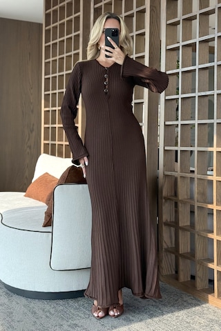 Kahverengi Streç Midi Boy Elbise - 1725 Kahverengi