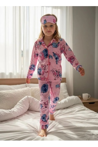 Lillypicca Kız Çocuk Desenli Pamuklu Önden Düğmeli Göz Bantlı Uzun Kol Pijama Takımı 9018 Pembe