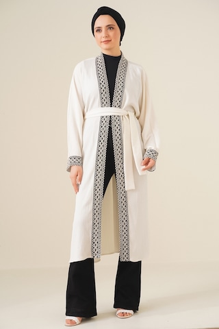 Bigdart 5865 Nakışlı Örme Uzun Kimono - Beyaz 5865bgd19-005-12120 001