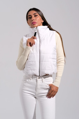 Keyifli Moda Kadın Beyaz Sırtı Taş İşlemeli Dik Yaka Kısa Şişme Yelek-beyaz Beyaz