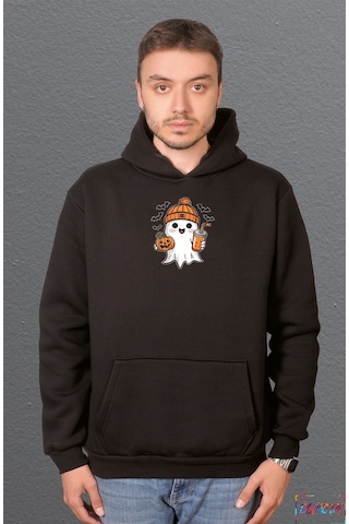 Bumeta Sevimli Hayalet Baskılı Cadılar Bayramı Halloween Sweetshirt Unisex Kapüşonlu Hoodie Siyah